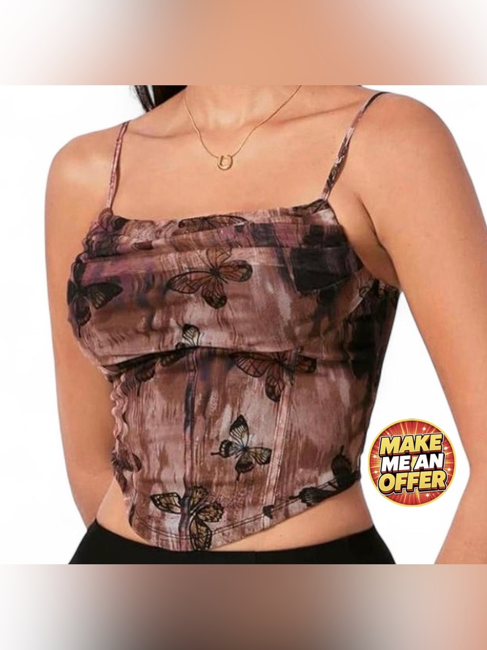 Brand New Butterfly Print Brown Cowl Neck Crop Tank Top - SZ L